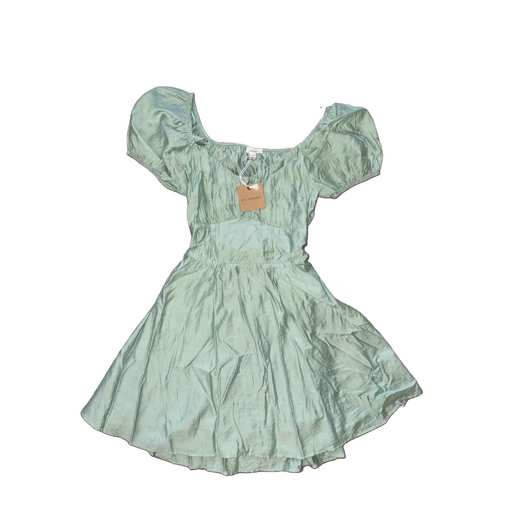 Blu Pepper Mint Green Puff Sleeve Corset Mini Dress Tie Waist Size Small NWT